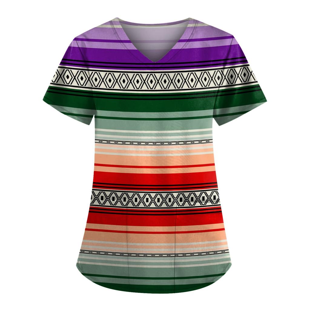 Plus Size Cute Printed Scrub Working Uniform Tops For Women  V-Neck Short Sleeve Fun T-Shirts Workwear Tee With Pockets