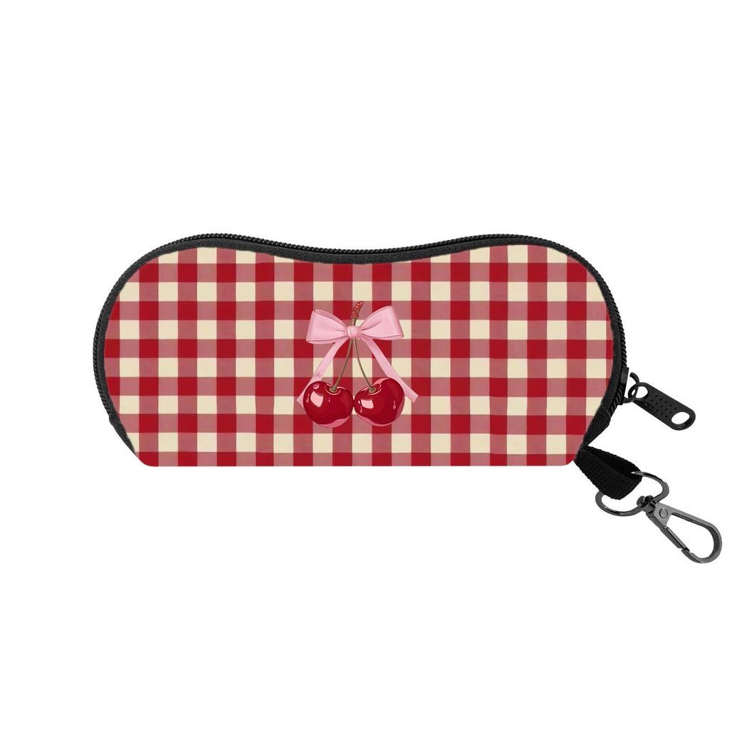 Portable Felt Sunglasses Pouch Soft Shockproof Zipper Eyeglass Case with Metal Clip Check Pattern Printed Eyewear Storage Bag
