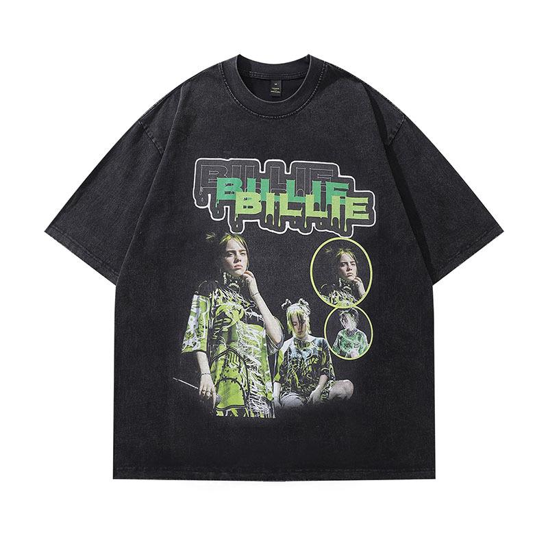 American Retro Trendy Brand Hip-Hop Portrait Print Washed Old Short-Sleeved T-Shirt Men'S And Women'S Vintage Half-Sleeved Top