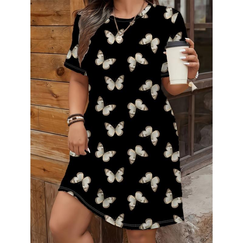 Women'S Butterfly Print Dress & Multicolor Floral-like pattern Woman Clothing Round Neck Short Sleeve Sleepwear Y2k Clothes Top