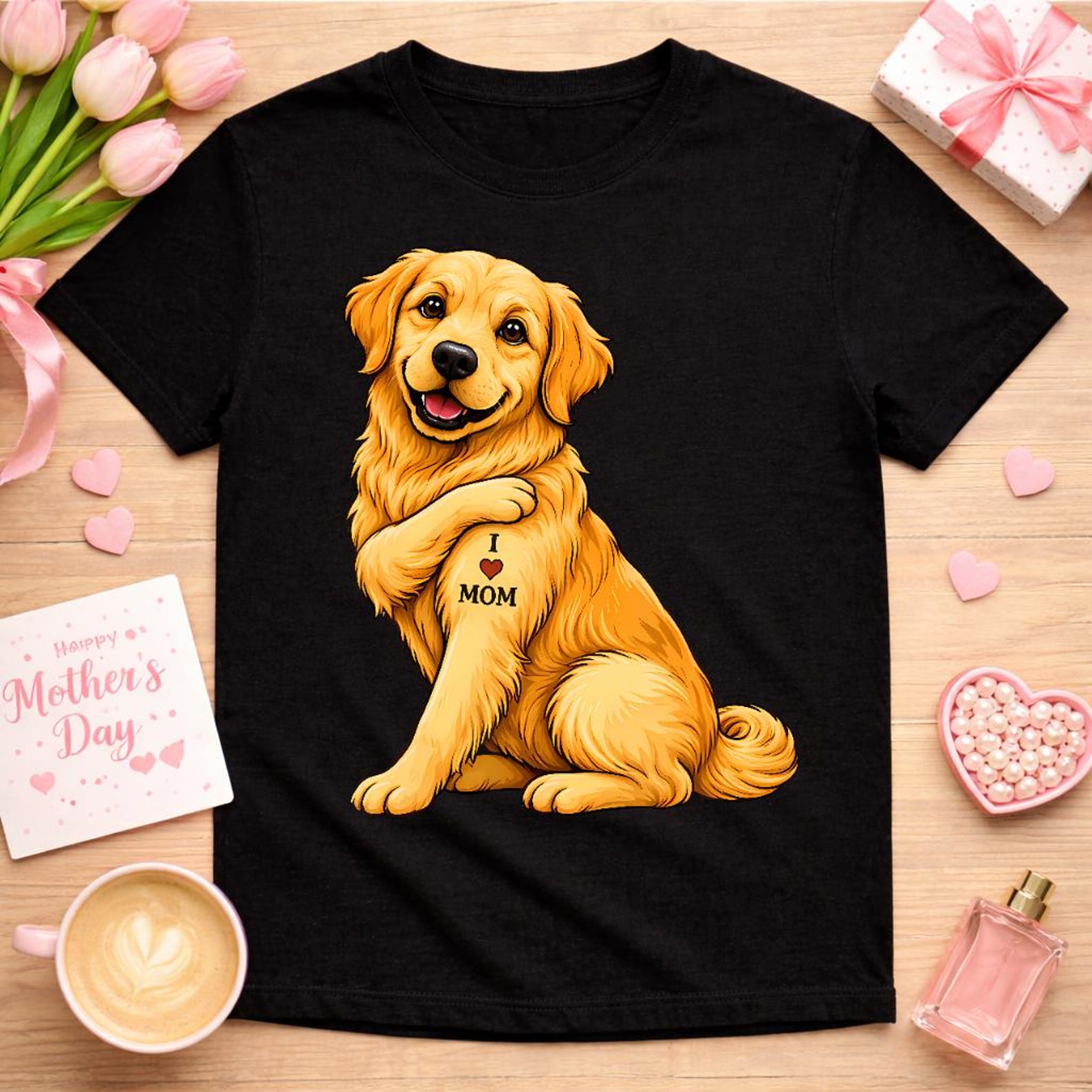 I Love Mom Golden Retriever Tattoo Shirt, Funny Dog Mom Mothers Day Gift, Golden Dog Lover Tee, Puppy Tattoo, Pet Owner 4XL
