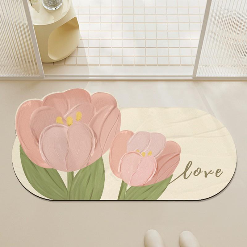 Bathroom Floor Mat Silicone Diatomaceous Mud Absorbent Non-Slip Door Shower Area Modern Floral