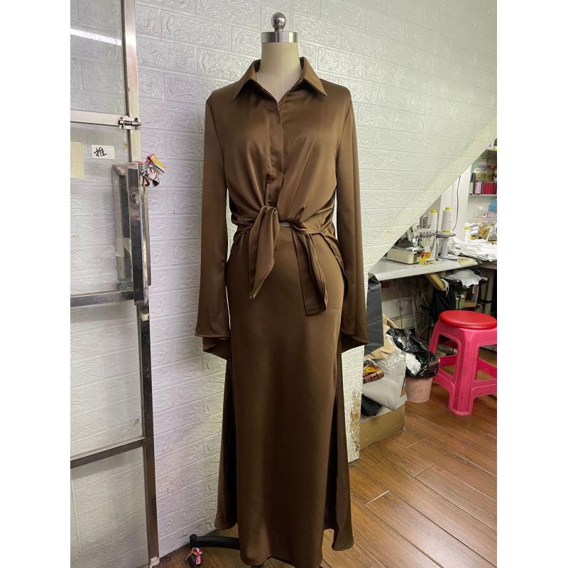 2025 Autumn European & American Satin Shirt and Bodycon Skirt Set with Flared Sleeves and Turn-Down Collar for Women