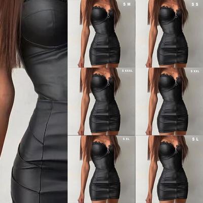 Women Fashion Black Latex Sleeveless PU Leather Lace Zipper Bodycon Mini Dress Package Hip V-neck Vestido Chest Wrap Robe Strap Dress Plus Size