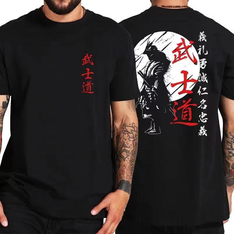 Summer Men's Japanese Bushido Printed Round Neck T-shirt 100% Cotton Hip Hop Loose Outdoor Street Short Sleeve