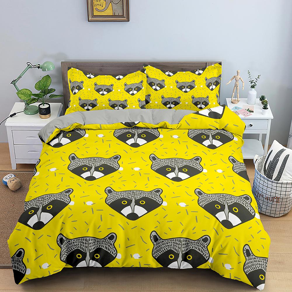 Raccoon Duvet Cover Set Grey Black Wild Animals Colourful Background King Queen Size Comforter Cover Polyester For Kids Boy Girl