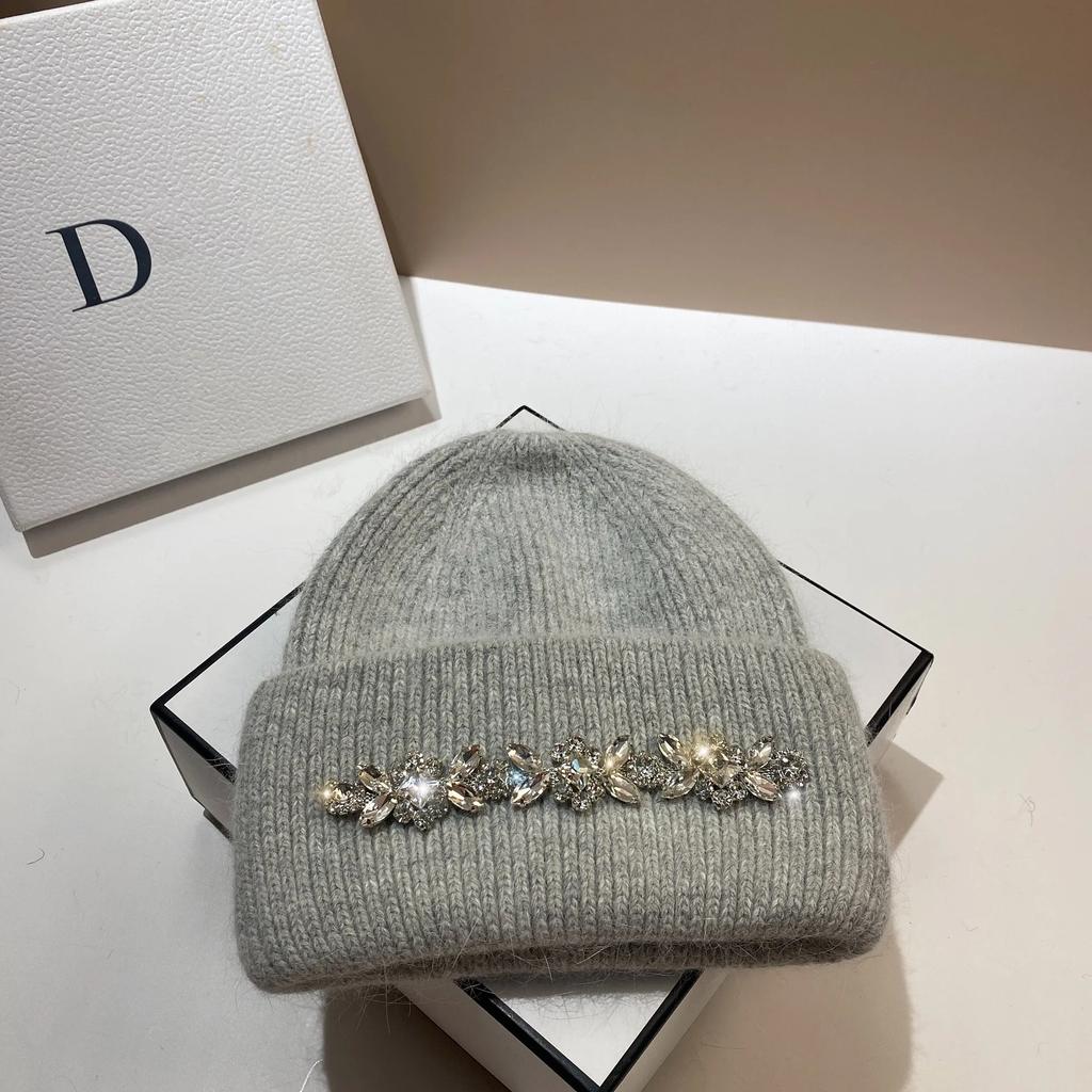 2024Mode Damen Wintermütze Echtes Kaninchenfell Gestrickte Mützen Diamanten Blume Damen Freizeit Hüte Warme Wolle Skullies Beanies