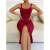 Summer Square Collar Solid Button Slit Long Dress Women Streetwear Bodycon Dress Sexy Sleeveless High Waist Elastic Tank Dresses