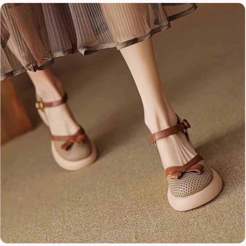 Fashion Soft Leather Retro Hollow Baotou Thick-heeled Sandals Women's Summer New Fashion Platform High Heels with Air Holes
