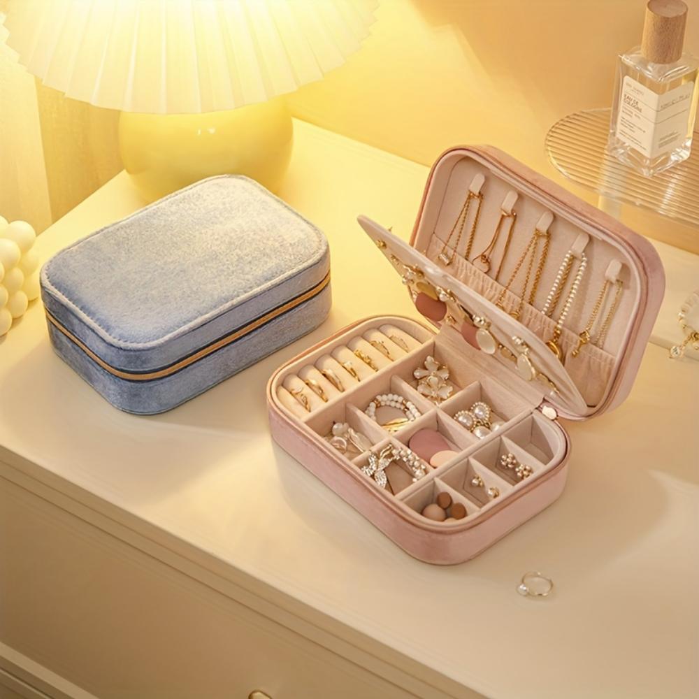 Cutie de bijuterii din catifea cu 3 straturi și fermoar, cutie de depozitare, cârlig pentru colier, poate depozita cercei, coliere, inele, ceasuri, accesorii de păr, potrivită pentru cadouri