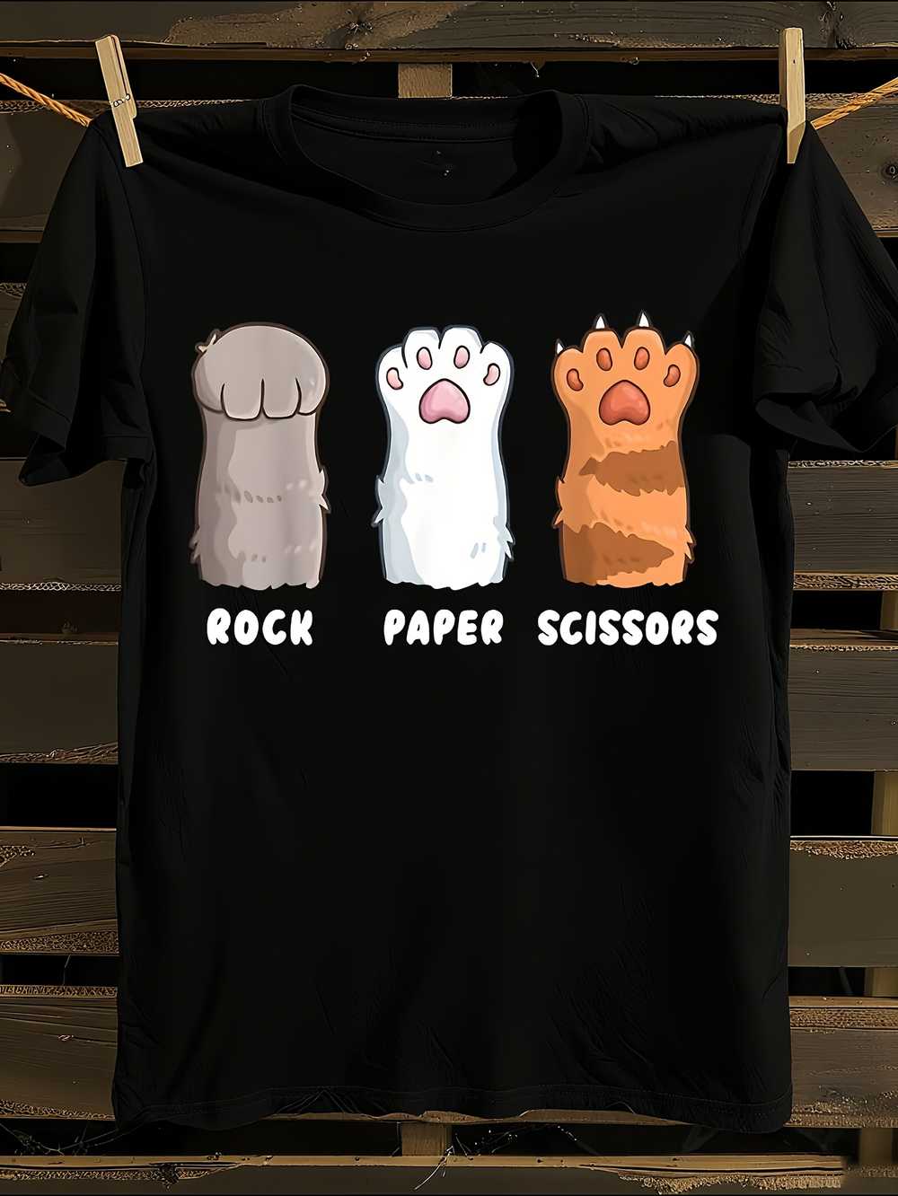 Funny Rock Paper Scissors Cat Graphic T-Shirt S