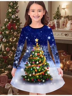 Robe d'automne et d'hiver pour filles, Imprimé arbre de Noël 3D Col rond Manches longues Robe t-shirt pour enfants, Décontractée Polyvalente, Vêtements de Noël