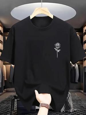 Men's 100% Pure Cotton Summer Casual Loose Fashion Simple Rose Pattern Printed Round Neck T-shirt Versatile Top