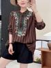 Retro Artistic Striped Embroidered Stand Collar Loose Shirt for Women - Spring/Autumn, Plus Size Available