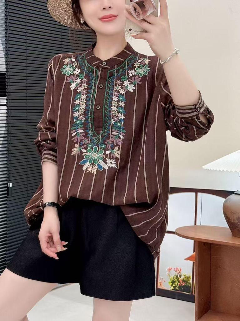 Retro Artistic Striped Embroidered Stand Collar Loose Shirt for Women - Spring/Autumn, Plus Size Available