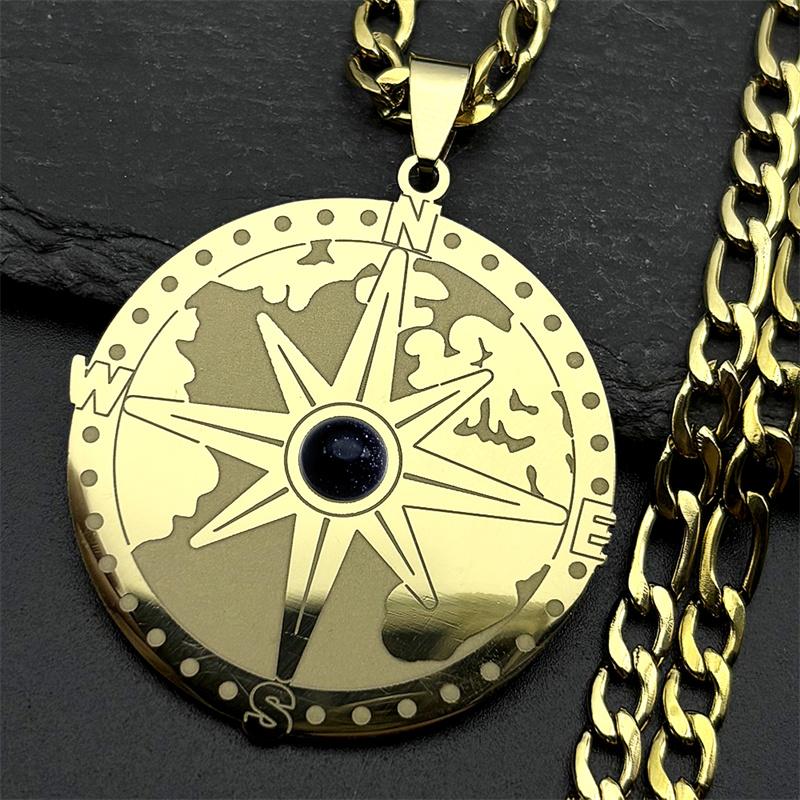 Trendiger Tigerauge Stein Kompass Erde Anhänger Halskette für Damen Herren Edelstahl Segeln Urlaubs Kette Halsketten Schmuck Geschenk