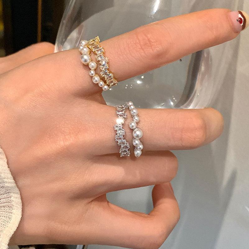 Bague Ouverte Double Métal Zircon Perle Femme Luxe Léger Rétro Exquis Mode Bague Polyvalente