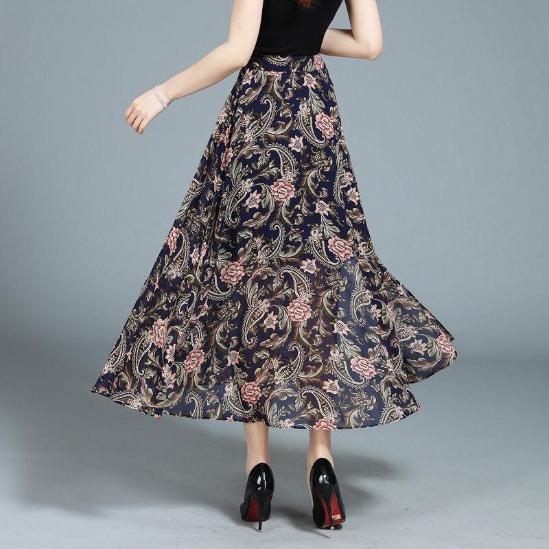 Summer Women's A-line Skirt Chiffon Half Skirt High Waist Printed Large Swing Skirt Floral Mid Length Long Skirt