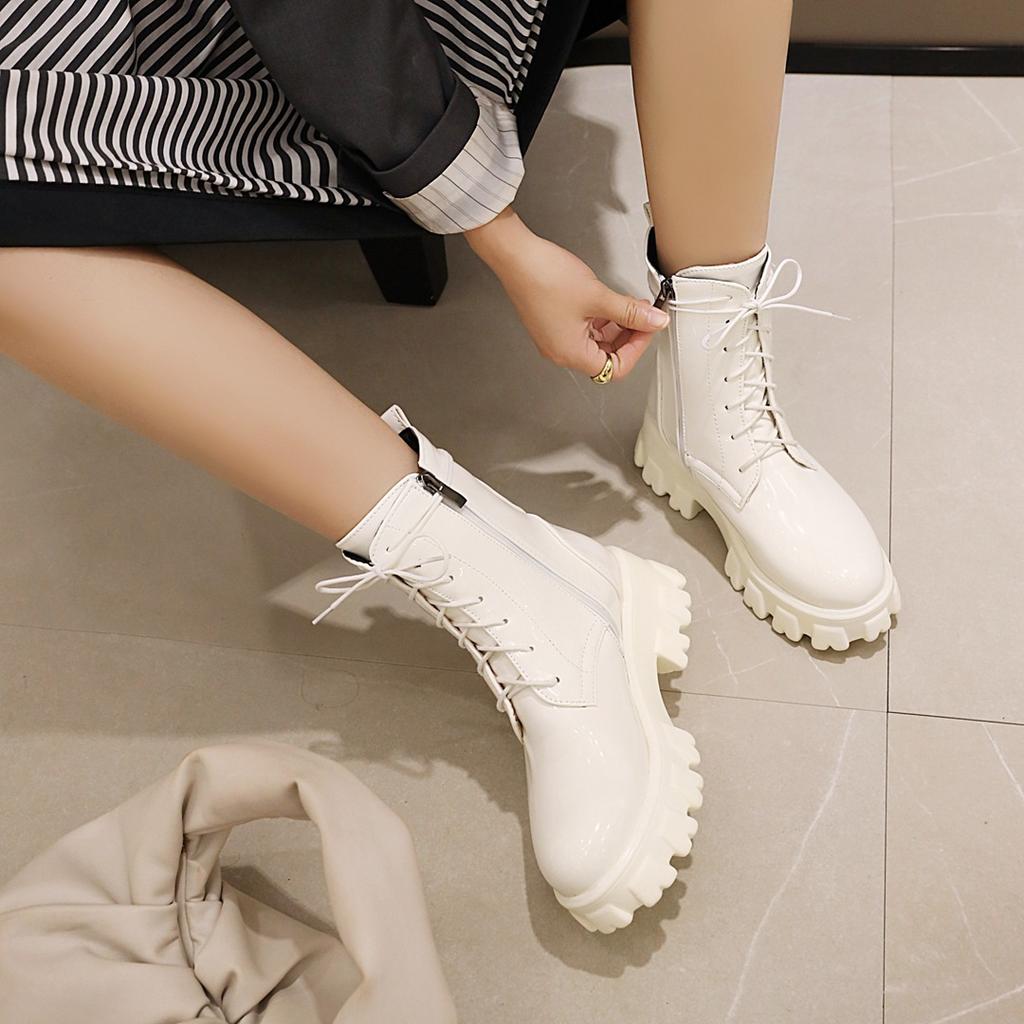 Women Boots Patent Leather Platform Shoes Ankle High Heel Boots Women Autumn Winter Warm Platform Boots