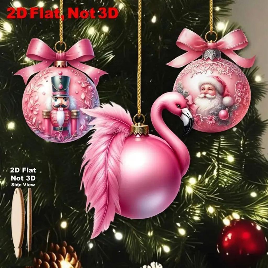 15PCS Wooden Pink Christmas Ball Pendants Santa Claus Elk Hangers Noel Merry Christmas Decor 2025 Happy New Year 2026