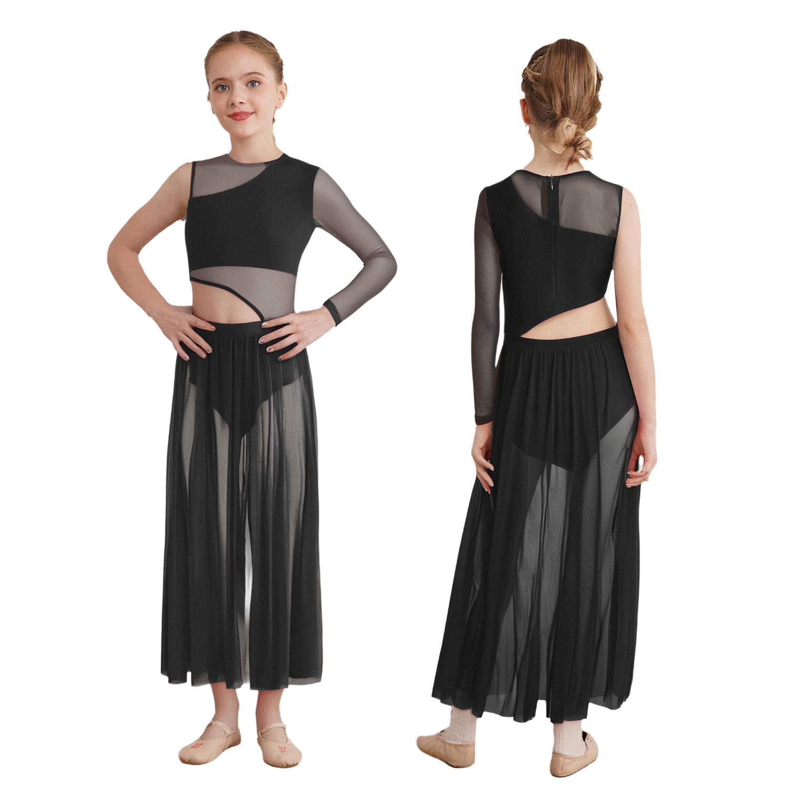 

Сучасна лірична танцювальна сукня для дівчаток Кругла горловина Прозора сітка з вирізами з боків 13-14 Years чорний