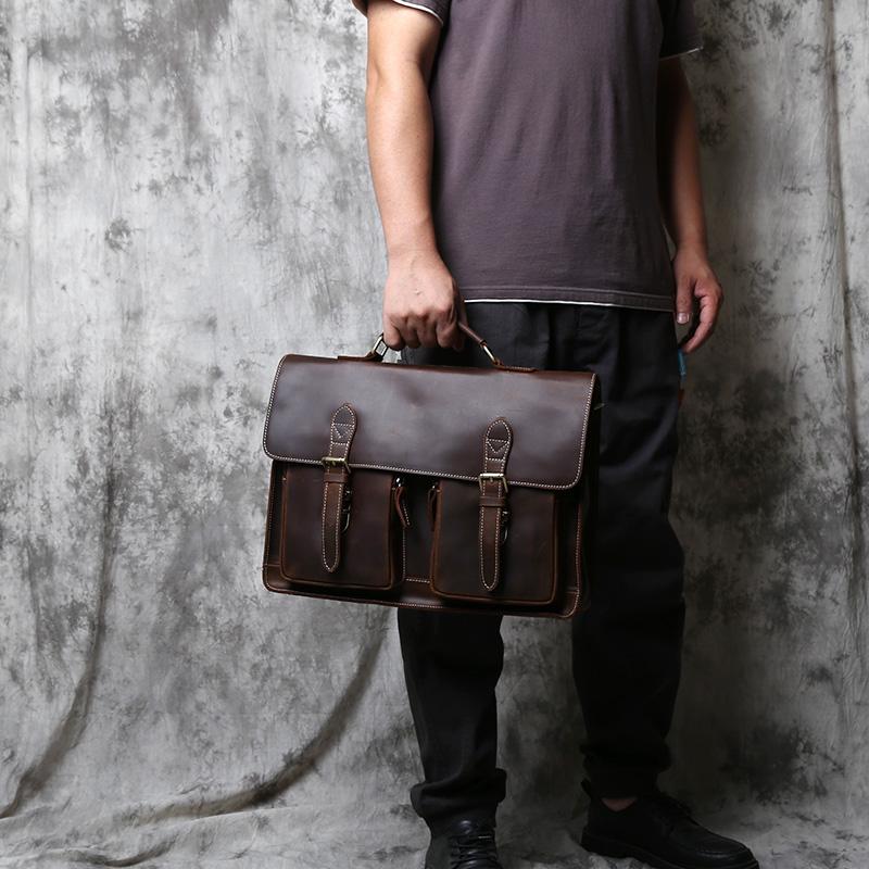 NZPJ Retro Leather Men's Handbag Crazy Horse Leather Horizontal Computer Bag Top Layer Leather Men Casual Shoulder Messenger Bag