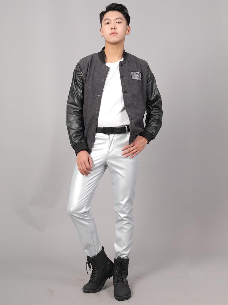 [East Rain] Silver Leather Pants, Pencil Trousers, PU Motorcycle Pants,
