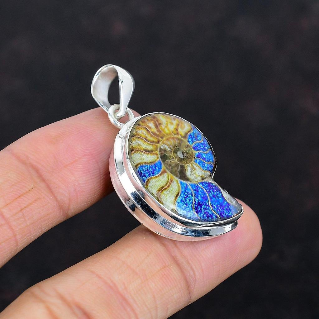 Blue shade ammonite fossil pendant 925 sterling silver pendant very pretty gemstone pendant handmade jewelry gifts for mom pendant for women