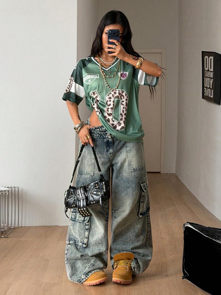 Damen Sommer Ausgehen Streetwear Y2K Leopardenmuster Nummer Grafik Fußballtrikot V-Ausschnitt Grünes Trikot T-Shirt, Sommer Oberteil