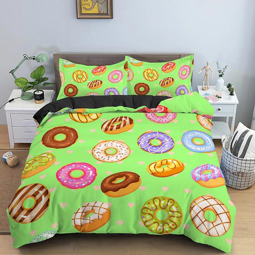 Bunte Donut King Size Bettbezug Cartoon Süß Schokolade Dessert Bettwäsche Set Für Kinder Mädchen Essen 2/3tlg. Polyester Steppdeckenbezug