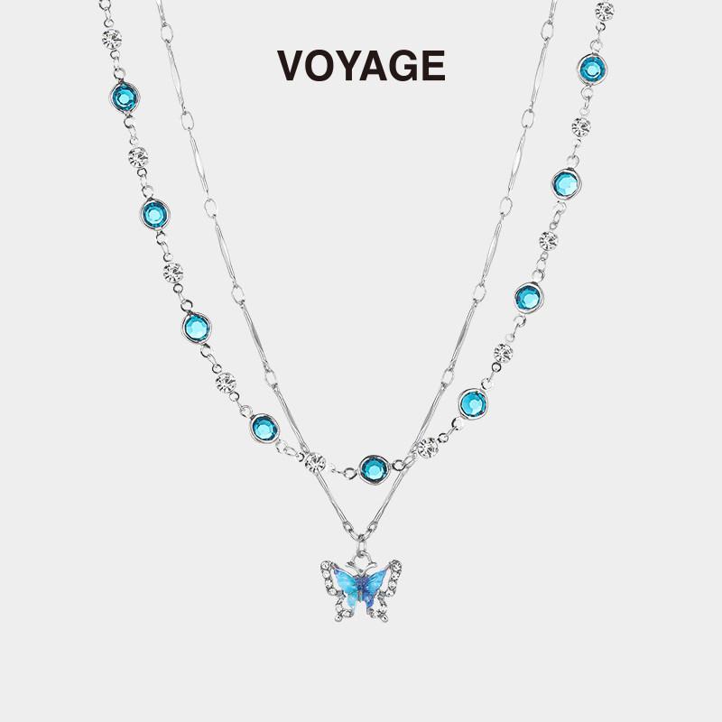 Double Layer Deep Blue Butterfly Pendant Necklace for Women - Chic, Layered Clavicle Chain with Light Luxury, High-End Niche Design