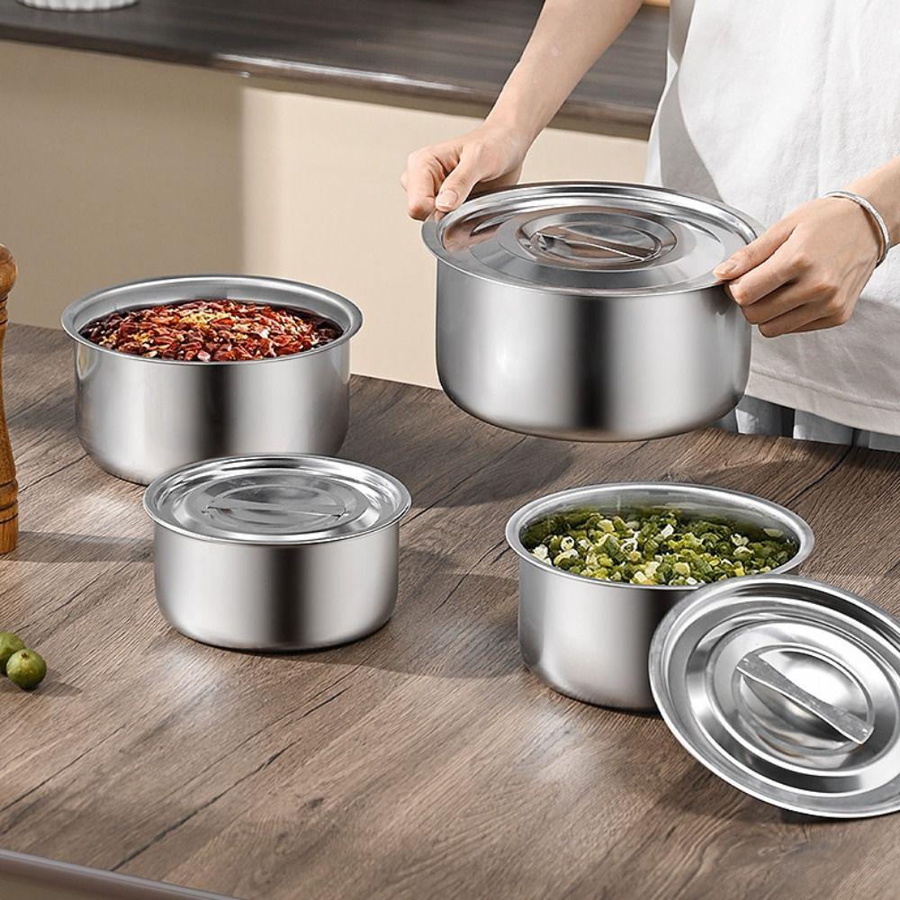 5Pcs With Lid Stainless Steel Soup Pot Rustproof Salad Bowl Steamed Egg Bowls  Prepare Dishes