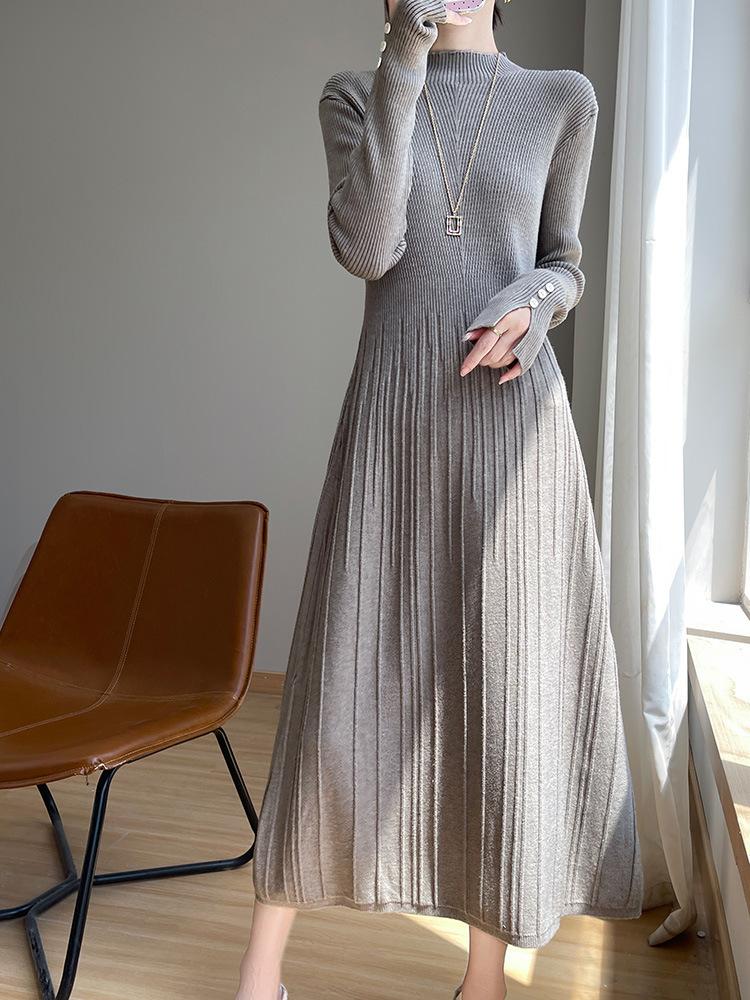 Semi-turtleneck Solid Color Sweater Skirt Autumn and Winter Temperament Versatile Long Dress Slim and Thin a Word Knitted Bottoming Dress Women