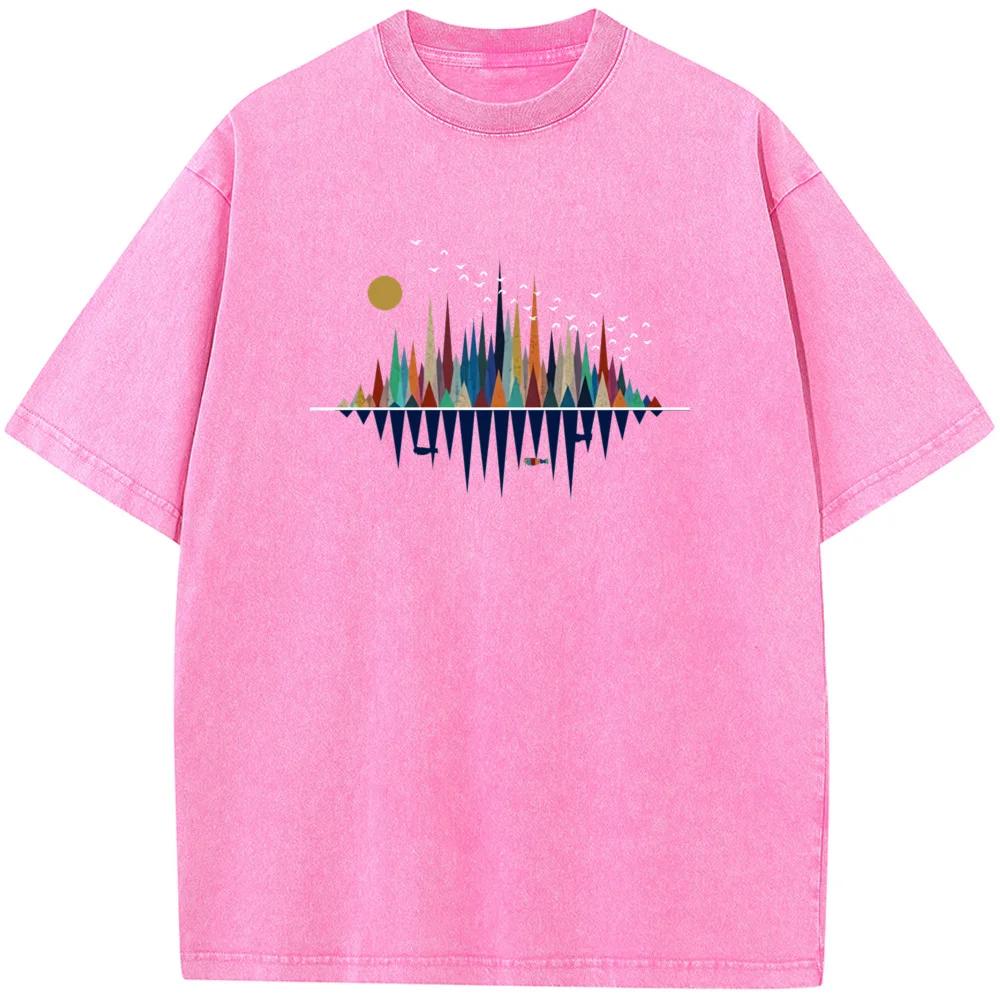 Men's Retro Geometric Happy Natural Washed T-Shirt Cotton Vintage Bleached Tshirt Tops Casual Loose Bleach T shirt