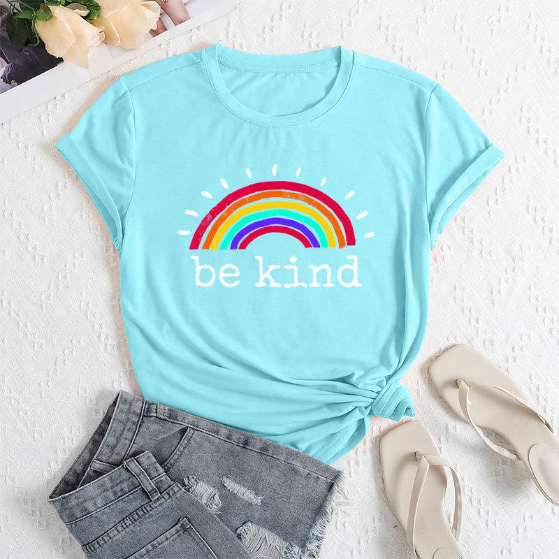 Sommer Damen Regenbogen Buchstaben Print Locker Rundhals Lässig Reine Baumwolle Kurzarm T-Shirts Damen