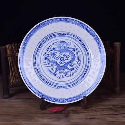 Plato Plano Chino Porcelana Azul y Blanca Platos de Cena Cerámica Plato de Dragón Antiguo Vajilla Bandeja para Alimentos