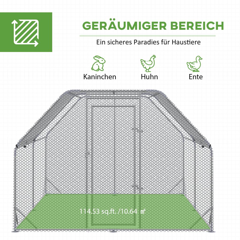 Chicken Run Chicken Coop Chicken Enclosure, Walk-In, Lockable Door, for 10-12 Chickens, 280 Cm X 380 Cm X 195 Cm, Grey