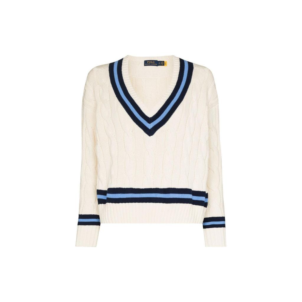 Polo Ralph Lauren Ss22 Striped V-Neck Cable Knit Pullover Sweater Women sweater White 211838009-001