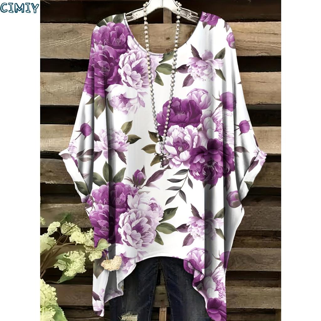Camiseta con Estampado Floral Elegante Cuello en V Manga Corta Cuello Redondo Ajuste Cómodo Casual Perfecta para Ropa Informal Top para Todas las Estaciones Verano