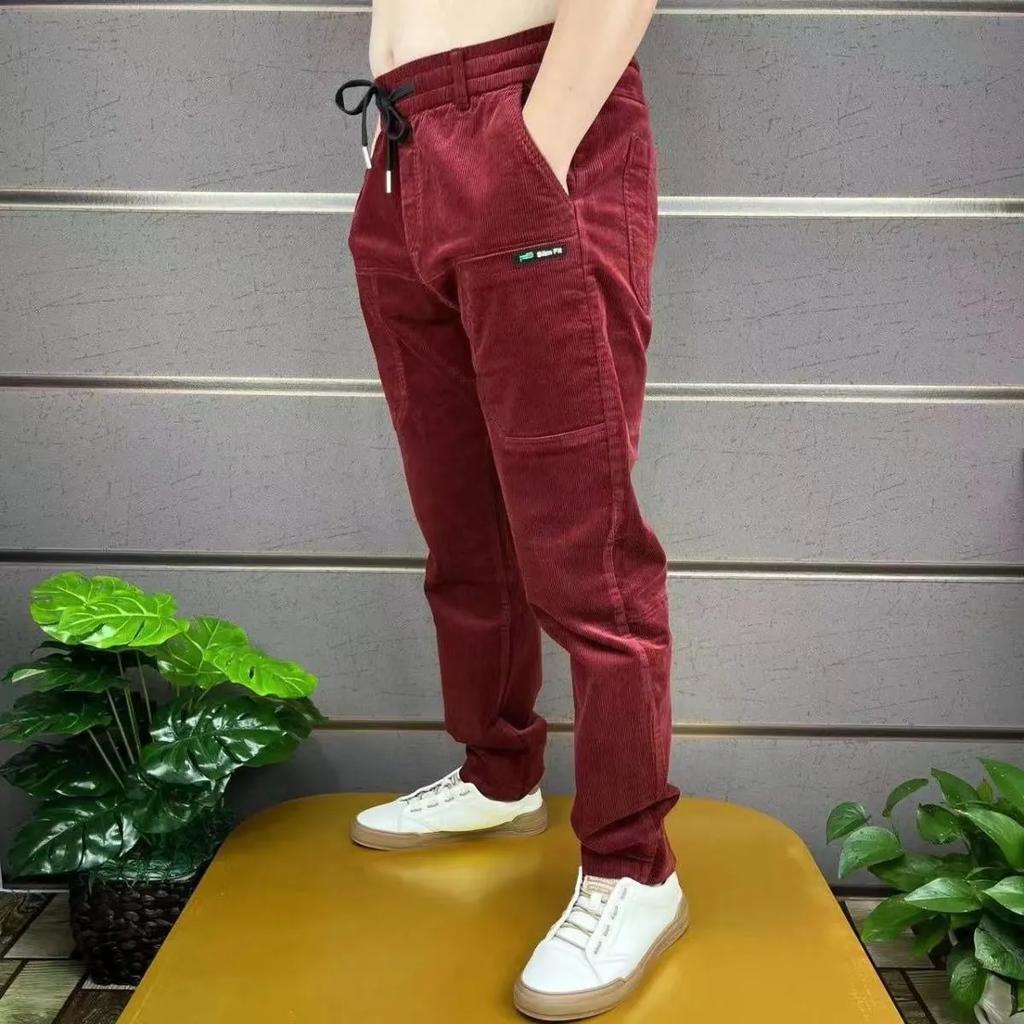 Corduroy Cargo Trousers Men's Simple Loose American Retro Casual Elastic Work Splicing Multiple Pockets Rib Leg Jogging Pants