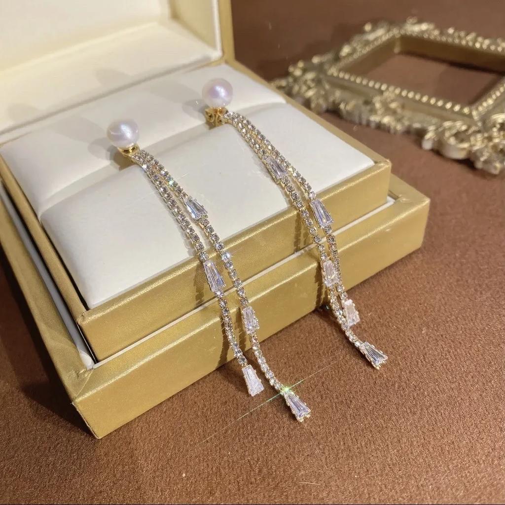 Luxury Women's Dangle Earrings Long Drop Design Silver Color Zircon Korea Earring Exquisite Trendy Wedding Bride Jewelry Gifts
