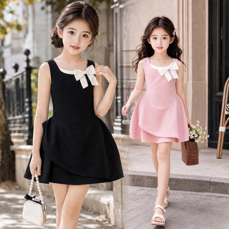 Girls' 2026 Summer Bow Dress: Sleeveless, Fashionable, Elegant Skirt