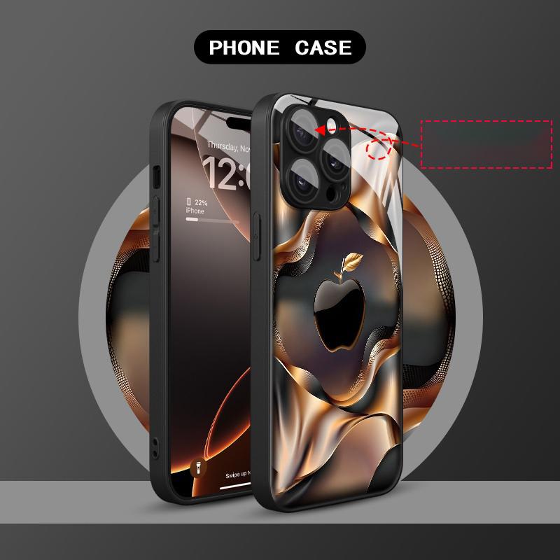 Black Golden For Apple Pattern Glass Material Phone Case For iPhone 17 16 15 14 Pro Max 13 12 11 16E 17Air 7 Plus XR XS X Cover
