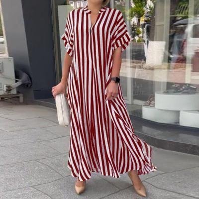 Kadın Elbise Çizgili Baskı Renk Eşleşen V Yaka Kısa Kollu Gevşek A-line Yan Bölünmüş İşe gidip gelme Rahat Maxi Elbise Yaz Uzun Elbise