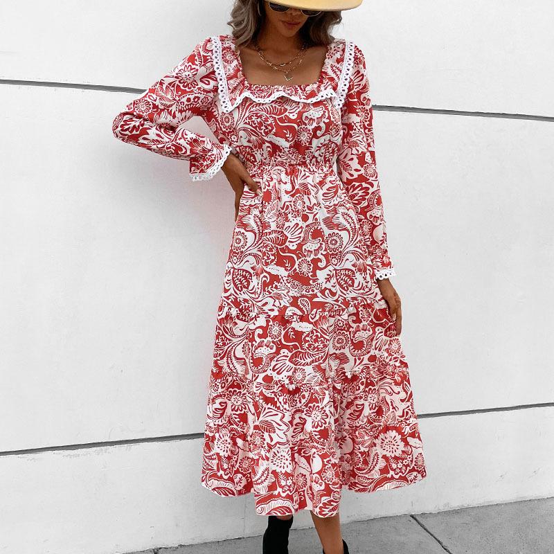 Moda Donna Primavera Autunno Manica Lunga Collo Quadrato Vita Alta Abiti Casual