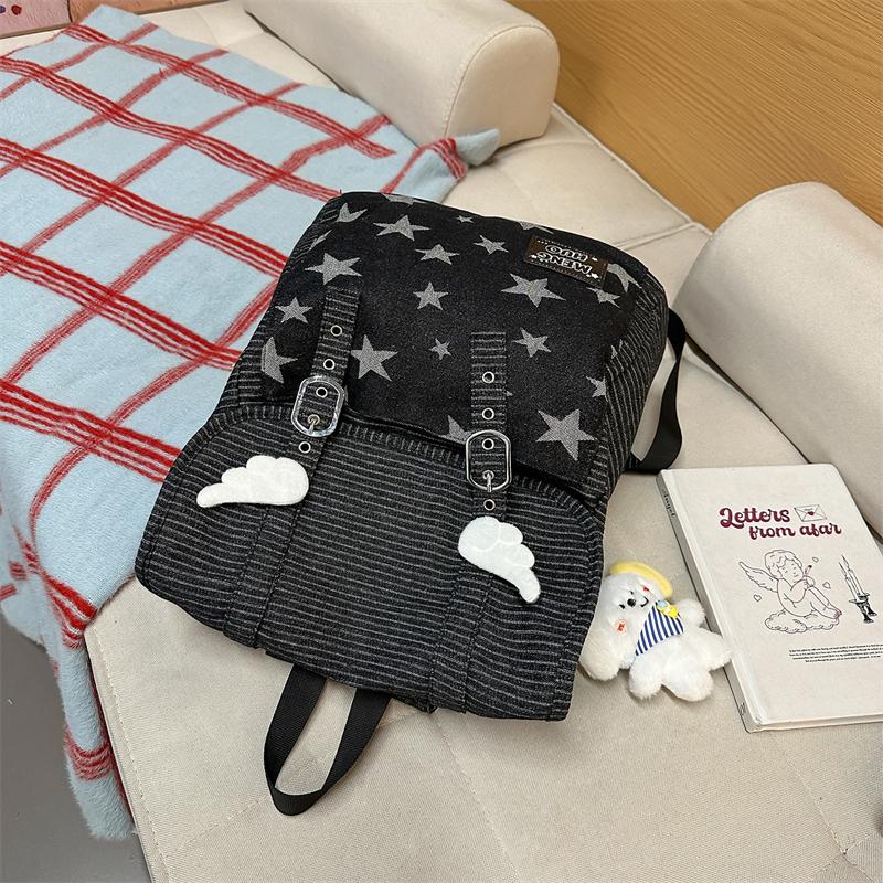 Vintage Star Striped Denim Backpack Student Class Book Bag