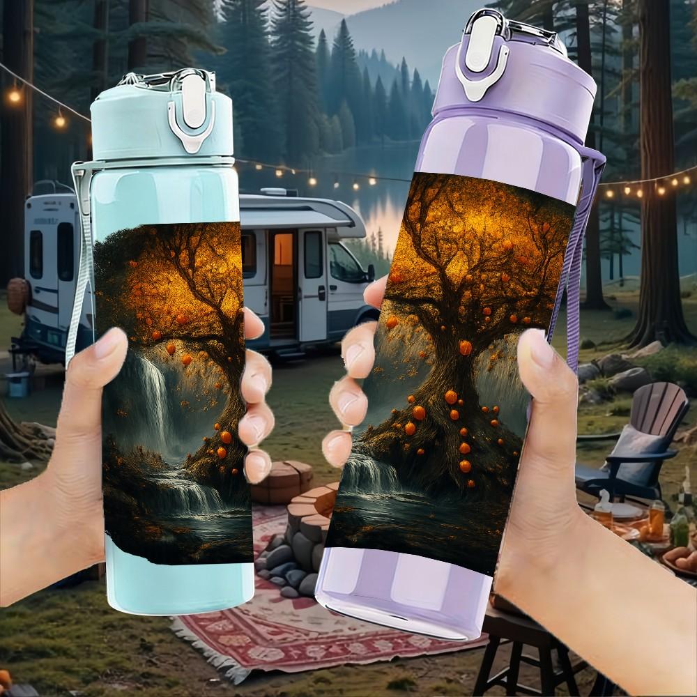 1PC Dark Forest Glowing Tree Landscape 750ml Color Plastic Sports Water Bottle Leakproof Flip Straw Lid Suitable for Sports Office Home Use