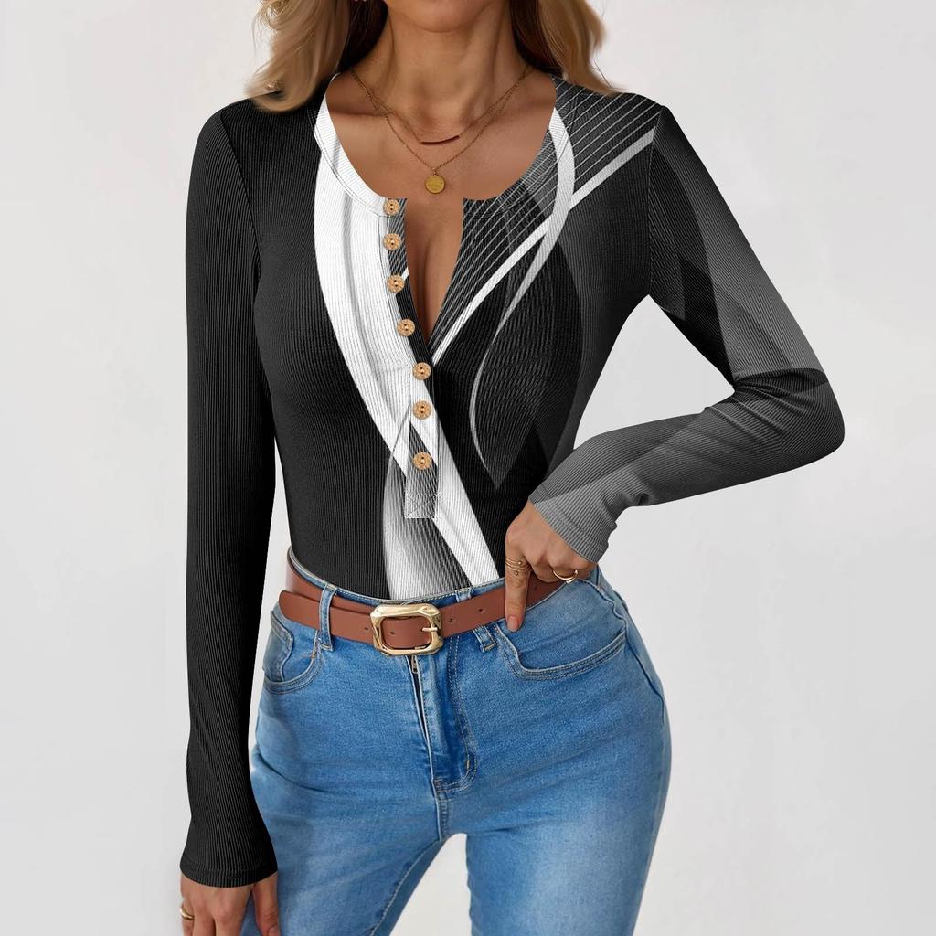 Women's Slim Bottom T-shirt Fashion Casual Gradient Printing Round Neck Pullover Long Sleeve Top