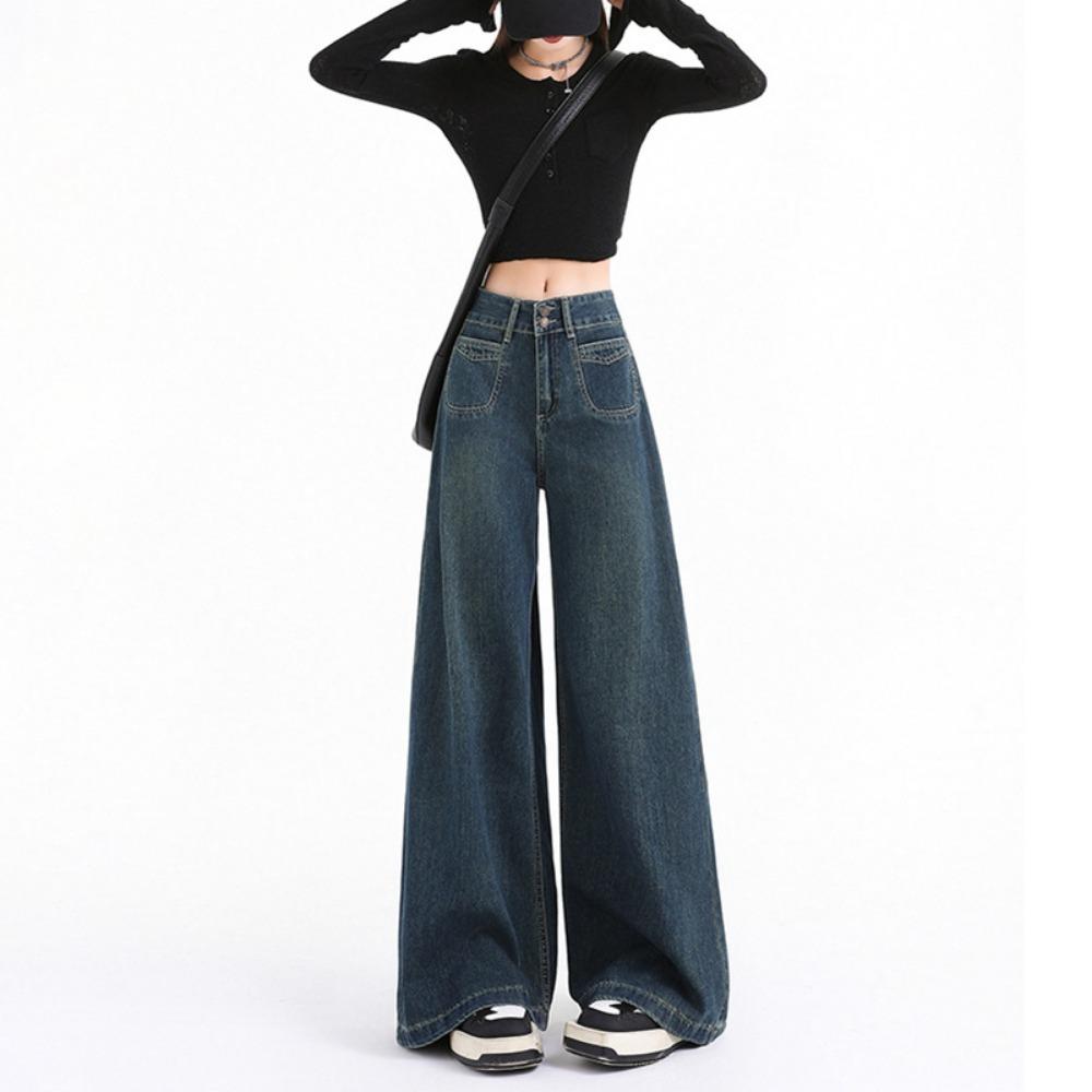 Design sense street wide-leg jeans women's spring and autumn new high-waisted loose and drape versatile floor-mopping jeans