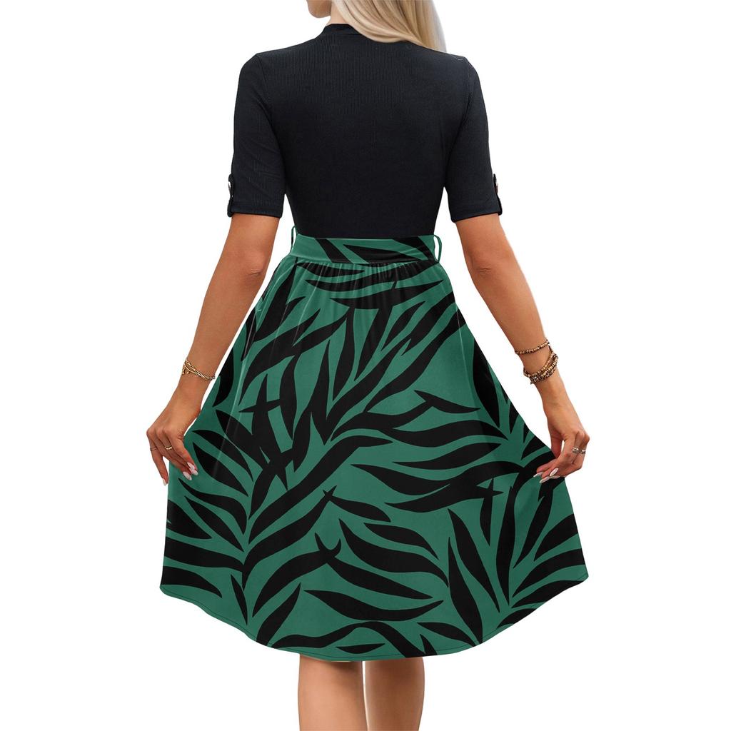 Women's Fashion Casual Belt Short Sleeve Round Neck Floral Elegant Temperament Dress